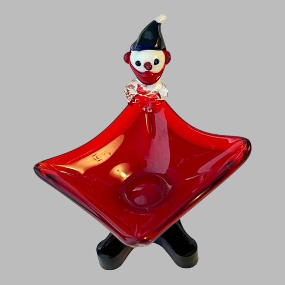 VTG Murano Italy Art Glass CLOWN CANDY NUT DISH FIGURINE 6" Square Red Black - Picture 4 of 6
